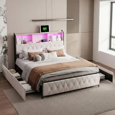 Image de Lit double ProximaX 160 x 200 cm, velours beige, tête de lit avec rangement, éclairage LED RGB, 4 tiroirs, port de recharge USB + Type-C