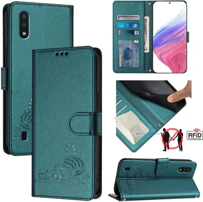 Collage of images showing a green flip case wallet for a Samsung Galaxy A10/M10 phone, with close-ups of its features and design.