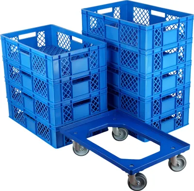 Produktbild von 9 Stück Bäckerkisten 600 x 400 x 150 mm + 1 Transportroller Typ C Farbe: blau