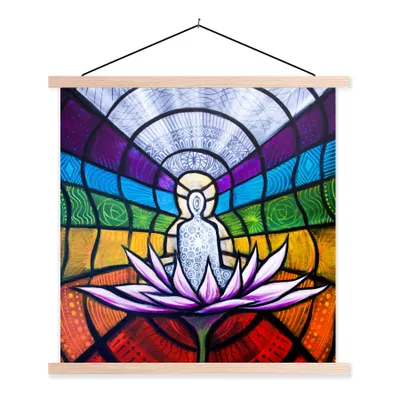 Produktbild von MuchoWow® Textilposter Glasmalerei der sieben Chakren 120x120 cm mit holzfarbenen Rahmen - Textil-Poster