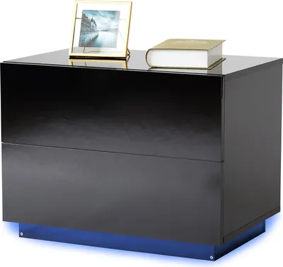 Produktbild von Mondeer Nachttisch LED Nachtschrank mit 2 Schubladen und 1 USB Anschluss Nachtkommode Glänzend-Nachttisch 60 x 39 x 40cm Schwarz