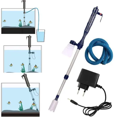 Image de Kit de nettoyage automatique, électrique et à piles pour le gravier d'aquarium, avec système de siphon pour filtre permettant de laver le sable neuf à l'aide d'un lave-sable spécial et d'un adaptateur.