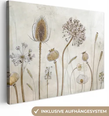 Produktbild von MuchoWow® - Leinwandbilder - Blumen - Aquarell - Stilleben - Braun - Vintage, Wandbild, Wanddeko Bilder Wohnzimmer, 120x90cm