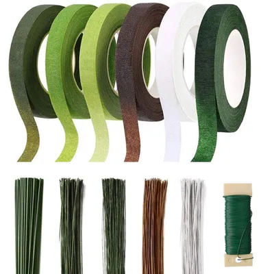 Productafbeelding van Bloemenbindset met 6 rollen bloemenlint (1,2 cm x 27 m), 220 stuks bloemendraad (verschillende diktes: 18/22/26 gauge), geschikt voor