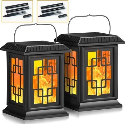 Image de Lampe d'extérieur solaire - Grande lampe LED, deux modes de fonctionnement - Effet flamme - Lumière chaude, indice de protection IP65 - Décoration d'extérieur solaire