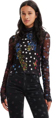 Produktbild von Desigual Damen Langarmshirt - Schwarzes Mesh-Shirt mit buntem Patch-Design 22WWTK472000 GR. XS