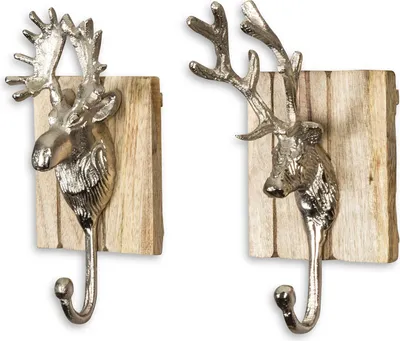 Produktbild von 2er Set Wandhaken Hirsch H x B 23x12cm Edel-Holz Metall Garderobe Deko