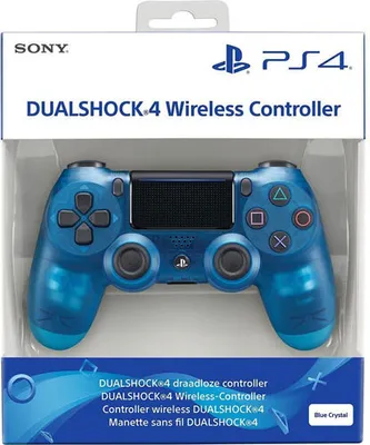 A blue translucent Sony PlayStation 4 Dualshock wireless controller is displayed in its retail packaging.
