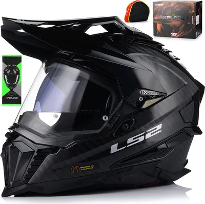 A black LS2 Enduro helmet is displayed on a white background, with some packaging and accessories to the side.
