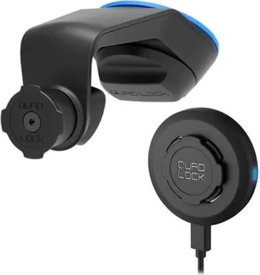 A black and blue Quad Lock car mount and wireless charger.