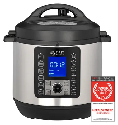 Produktbild von TZS First Austria Multikocher 6L, Schnellkochtopf elektrisch 1000W, 12 Programme, Timer, Edelstahl, Warmhaltefunktion, Dampfgarer, Reiskocher Silber-Schwarz