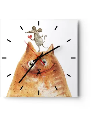 Produktbild von Wanduhr - Quadrat - Glasuhr - Katze Maus Kinder - 40x40cm - Schleichendes Uhrwerk - Lautlos - zum Aufhängen bereit - Dekoration Modern - Wanddekoration aus Glas - C3AC40x40-4195