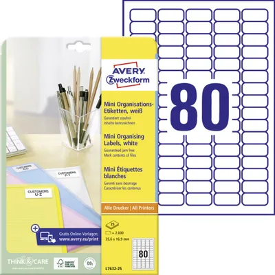 Produktbild von Avery Zweckform L7632-25 Mini-Organisations-Etiketten, A4, 35,6 x 16,9 mm, 25 Bogen/2.000 Etiketten, weiß