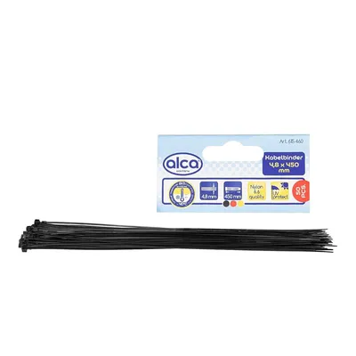 Obrázok produktu pre alca® káblové pásky 4,8*450 mm 50 ks čierne 22 kg pevnosť v ťahu odolné voči UV žiareniu pre vnútorné a vonkajšie upevnenie káblov nylon odolný voči teplote