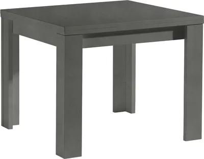 A square, dark gray table with four legs, shown from a slightly elevated front-left angle against a white background.