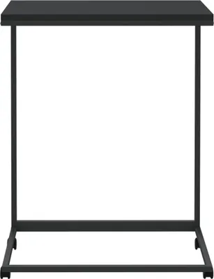 A black side table with a metal frame and a wooden top, shown from the front on a white background.