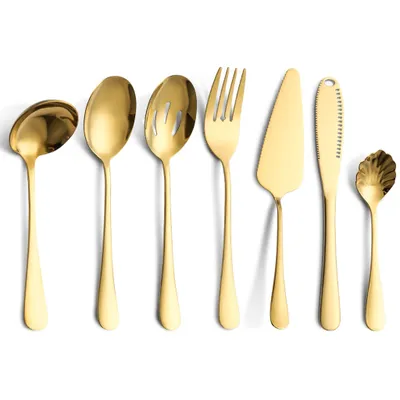 Produktbild von Gebrauchsgegenstände Edelstahl Besteckset, Tafelservice Löffel, Gabel, Sieb, Buttermesser (7-teilig, gold)