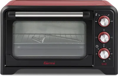 A studio shot of a black and red Girmi electric oven with a silver handle and control knobs.
