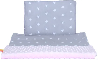 Produktbild von Minky Baby Kinderwagenset Kuscheldecke Kinder Decke Kissen 50 x70 cm 25. Sterne auf Grau + Rosa