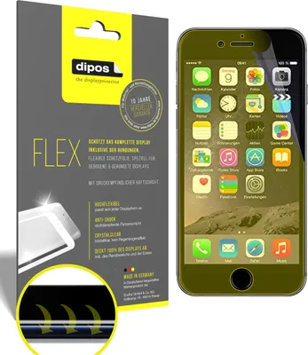 A product shot of a screen protector packaging next to an iPhone displaying its home screen.