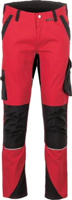 A pair of red and black work pants.