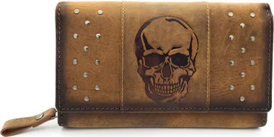 Produktbild von Jockey Club echt Leder Damen Geldbörse Portemonnaie Totenkopf mit Nieten RFID Schutz braun