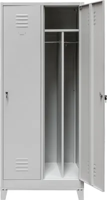 Zdjęcie produktu dla Szafka ubraniowa BHP socjalna metalowa Mega-M J-80 na podstawie z nóżkami dwudrzwiowa z przegrodami szara 80x50x190cm skręcana