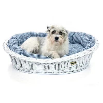 Produktbild von Weiß gebleichter Weidenkorb für Hunde Wikikorb mit Baumwoll-Hundebett – Marineblau mit Karo – DOTTY