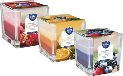 Zdjęcie produktu dla ZESTAW Świeca zapachowa w szkle trójkolorowa BISPOL Aura 32H MIX "4" 3szt.