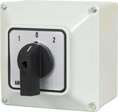 A white rotary switch in a white enclosure, mounted on a white background.