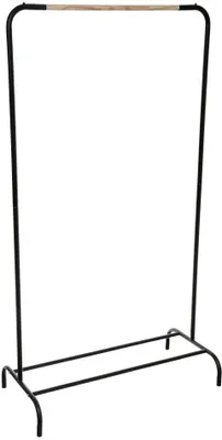 A black metal clothes rack with a wooden bar at the top, shown against a white background.