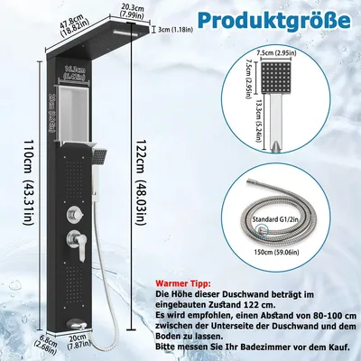 Produktbild von Duschpaneel - Duschsäule - Regendusche - Duschpaneel mit Handbrause - Schwarzes Duschpaneel - 5 Modi