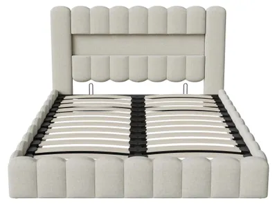 Produktbild von Bettgestell - Polsterbett 160 x 200 cm - Mit Stauraum - USB-Anschluss & LED-Beleuchtung - Hanfstoff - Beige