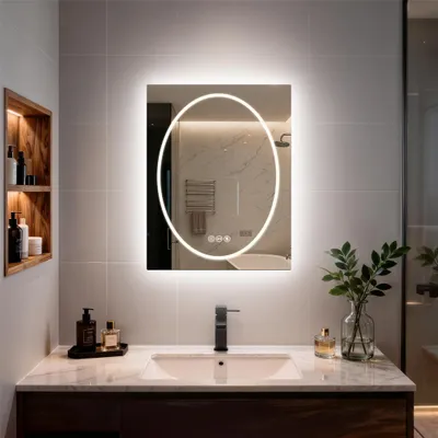 Image de Miroir de salle de bain LED WISFOR, miroir de salle de bain avec éclairage anti-buée 60 x 80 cm, miroir mural de salle de bain avec éclairage à intensité variable