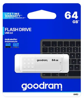 Zdjęcie produktu dla Goodram UME2, 64 GB, USB Typu-A, 2.0, 20 MB/s, Pokrywka, Biały