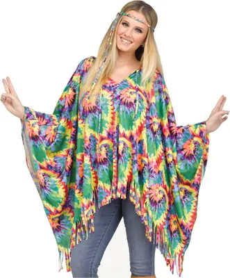 Produktbild von Bunter Hippie Poncho mit Haarband für Flower Power Motto Party & Karneval
