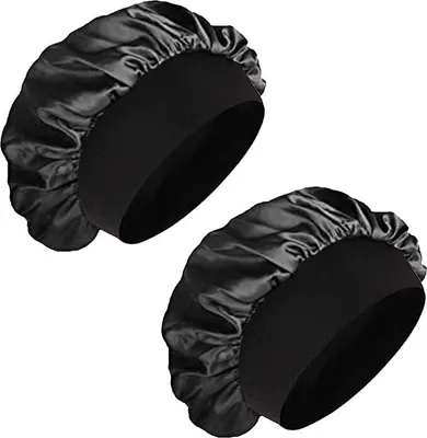 Produktbild von 2 Stück Satin Haarhaube Bonnet – Schlafhaube aus Seide, Weiche und Atmungsaktive Seidenhaube zum Schlafen für Damen und Mädchen (Schwarz)