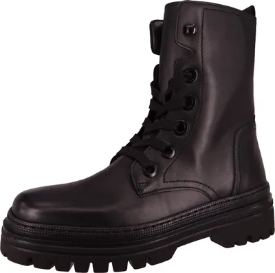 A black leather boot on a white background.