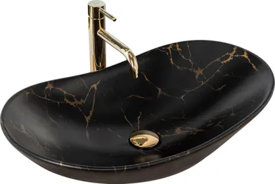 A black marble-effect vessel sink with gold veining and a gold faucet, isolated on a white background.