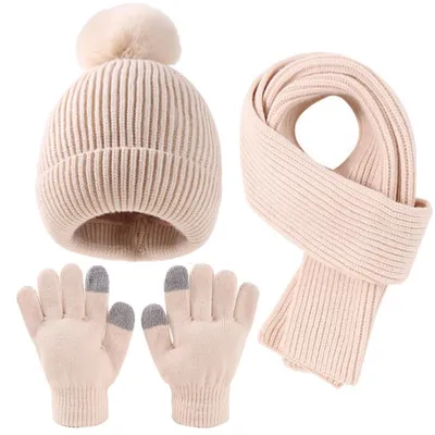 Immagine prodotto di Set da sci per bambini: berretto, sciarpa e guanti, in maglia, caldi, con pompon e guanti touchscreen, color beige