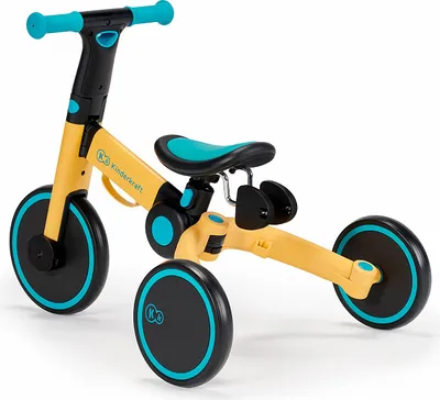 A yellow and black Kinderkraft 3-in-1 trike is shown against a white background.