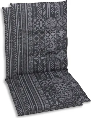 A chair cushion with a patterned fabric.