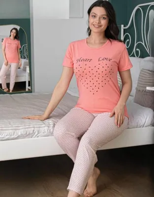 Produktbild von Damen Pyjama Schlafanzug Lachsfarbe XXL Kurz 2-Teiler Set C-86