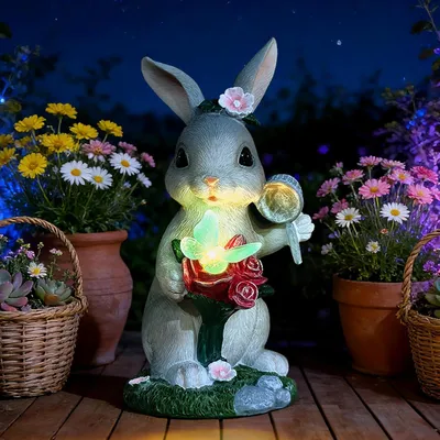 Image de Figurine de lapin pour jardin, 30 cm, éclairage solaire, matériau résistant aux intempéries, idéale pour l'extérieur
