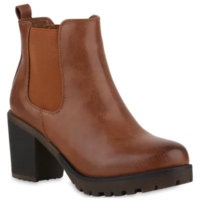 Produktbild von VAN HILL Damen Chelsea Boots Leicht Gefütterte Stiefeletten Plateau Schuhe 902286, Farbe: Hellbraun, Größe: 36