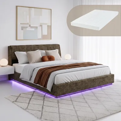 Image de Lit rembourré LED "Tröstiar" avec coffre de lit et matelas en lin, dimensions 180 x 200 cm, couleur verte