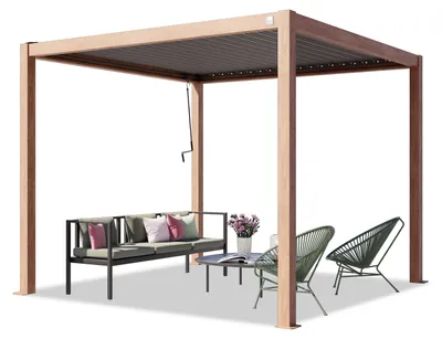 Zdjęcie produktu dla PRIMEYARD Pergola 3x3 m słupy aluminium w optyce drewna z dachem z listew stalowych zadaszenie tarasu