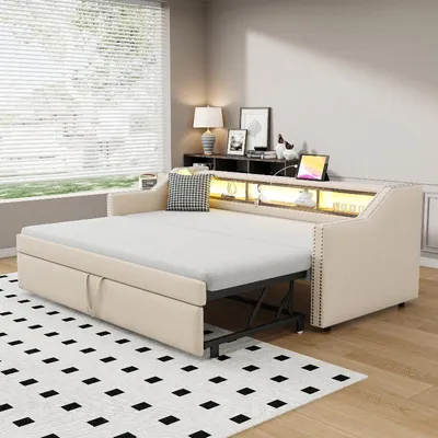 Immagine prodotto di Divano letto 90x190 cm, estendibile a 180x190 cm, con struttura imbottita, rete a doghe, presa LED e USB, rivestito in lino beige, ideale per soggiorno o camera da letto