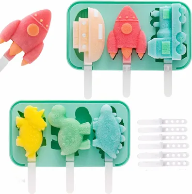 Produktbild von 2er Set Silikon Eisformen für Kinder, BPA frei, wiederverwendbare Eis am Stiel Formen mit Deckel, DIY Popsicle Form Set, Tiere & Fahrzeuge