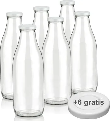 Produktbild von Milchflaschen 1L Smoothie Saft Flaschen 1000ml leere Glasflaschen Deckel BPA frei, 6 Milchflaschen mit 12 Deckeln
